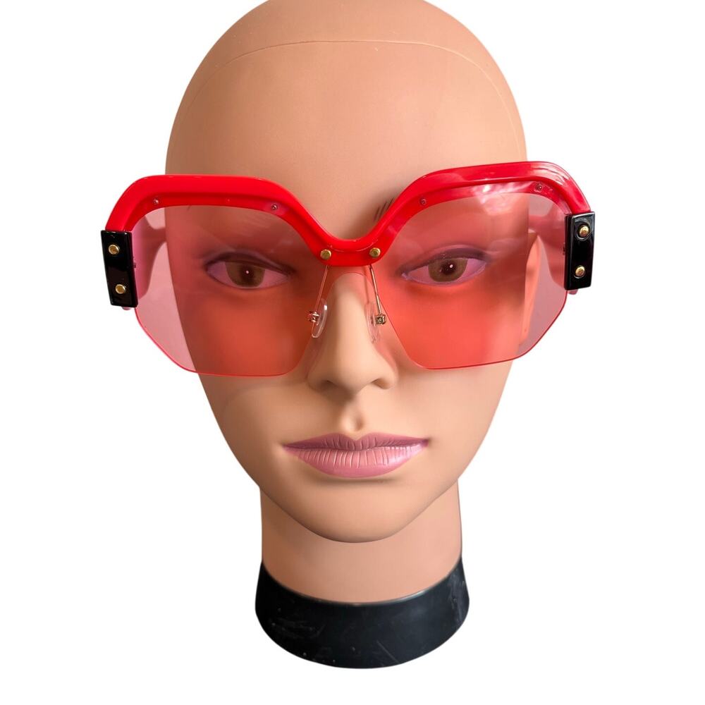 Pink Shield Rimless Sunglasses Y2K Barbiecore Festival Statement Making Shades‎